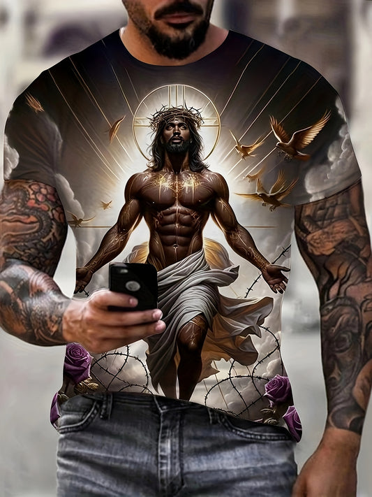 Men's 3D Baroque Messiah Art T-Shirt - Soft Polyester Summer Short Sleeve Tee with Full-Body Religious Art Print, Regular Fit for Casual, Travel & Vacation Wear, Comfortable Daily Shirt, Classic Round Neck, Durable Casual Shi
