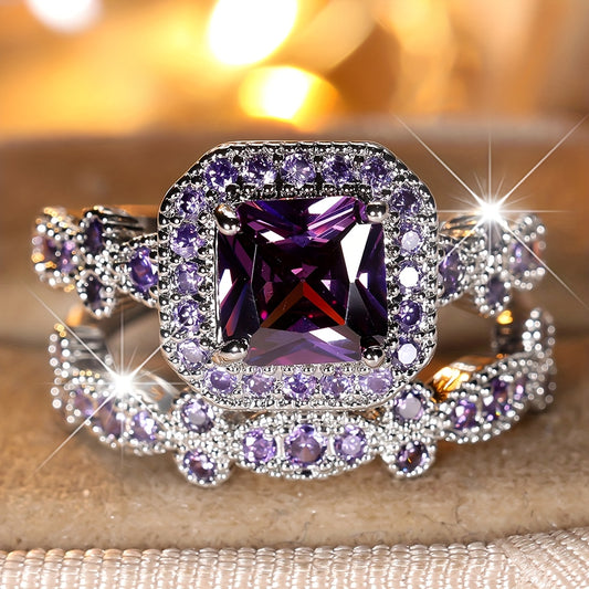 Set of 2 Stylish Square-Cut Purple Synthetic Zirconia Engagement Rings, Bohemian Chic Design, Copper with Coating, Ideal for Weddings And Proposals, Available in Sizes 5-13