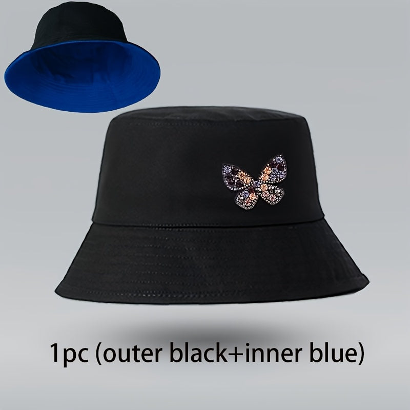 A Stylish And Versatile Bucket Hat Adorned with Rhinestone Butterflies, Lightweight And Washable - Perfect for Outdoor Female Travel, Everyday Wear, And Street Style