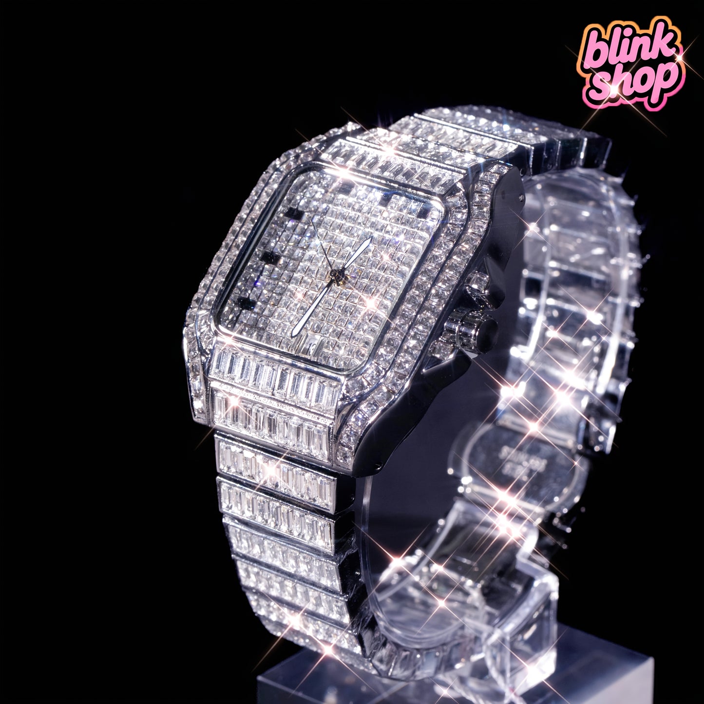 Luxury Hip Hop Square Rhinestone Watch - Full Rhinestone Geometric Glow-in-the-Dark Dial, Stainless Steel Band, 30m Waterproof, Mechanical Movement, Elegant Stage Performance Wristwatch for Christmas, Thanksgiving, Valentine'