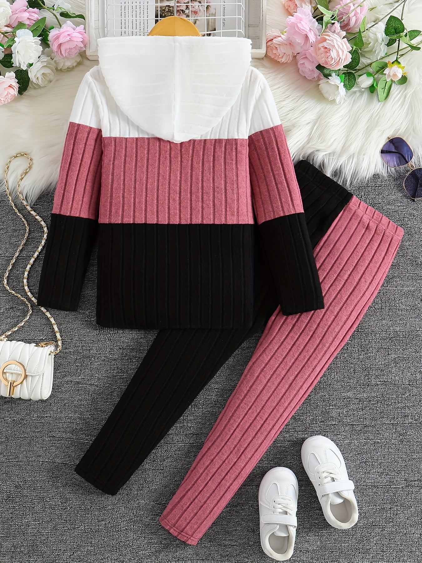 ' Two-Piece Striped Hooded Sweater Set | Long Sleeve Top and Long Trousers with Slight Stretch Fabric for Casual Wear, for Outdoor, Knit