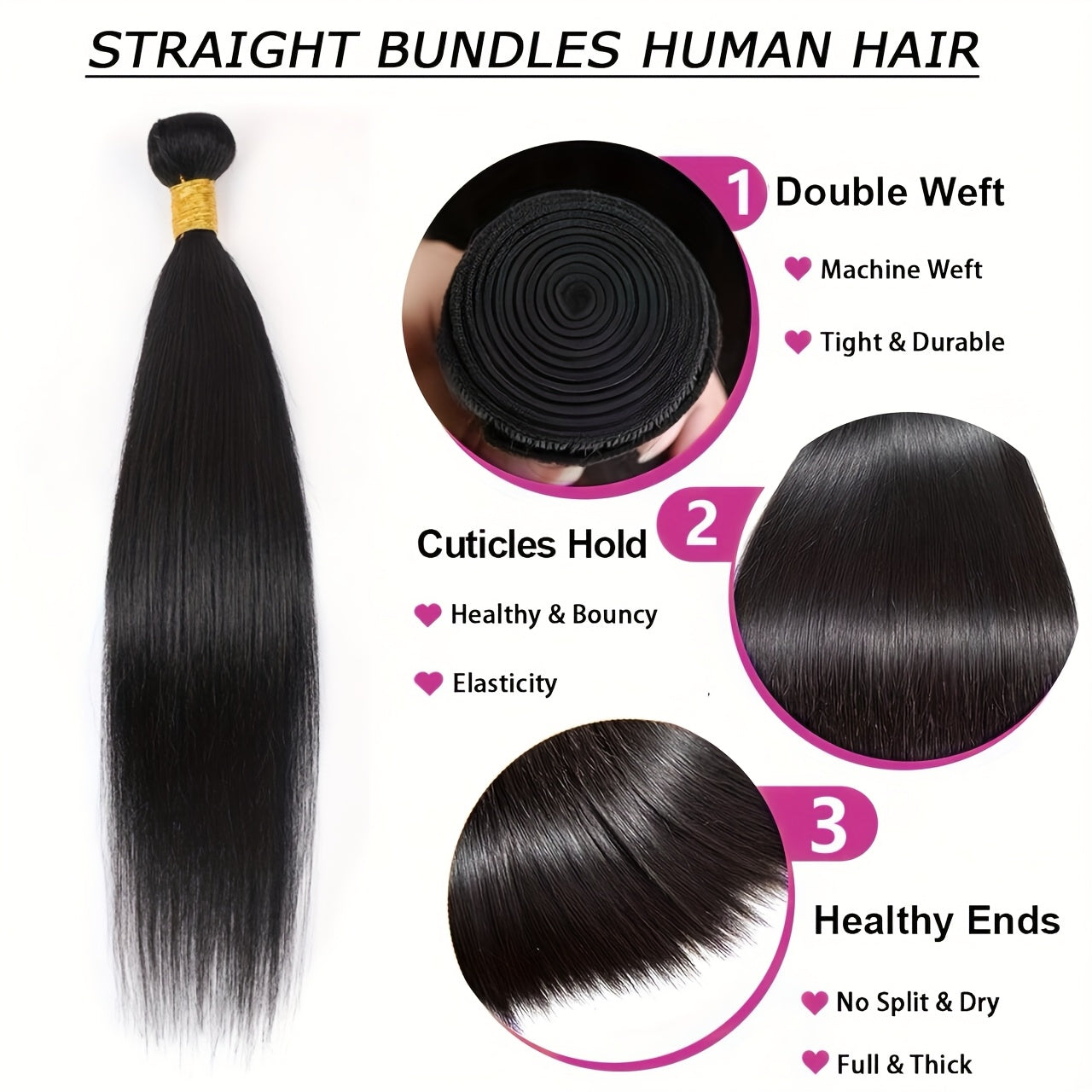 3 Bundles 10A Brazilian Virgin Human Hair Extensions Straight 100% Unprocessed Thick Tangle-Free 10-30 Inch for