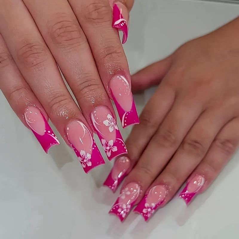 24pcs Rose Red Medium Square Press-On Nails with French Tips and Floral Design, Includes Jelly Glue and Nail File, for Women and Holiday and Daily Wear