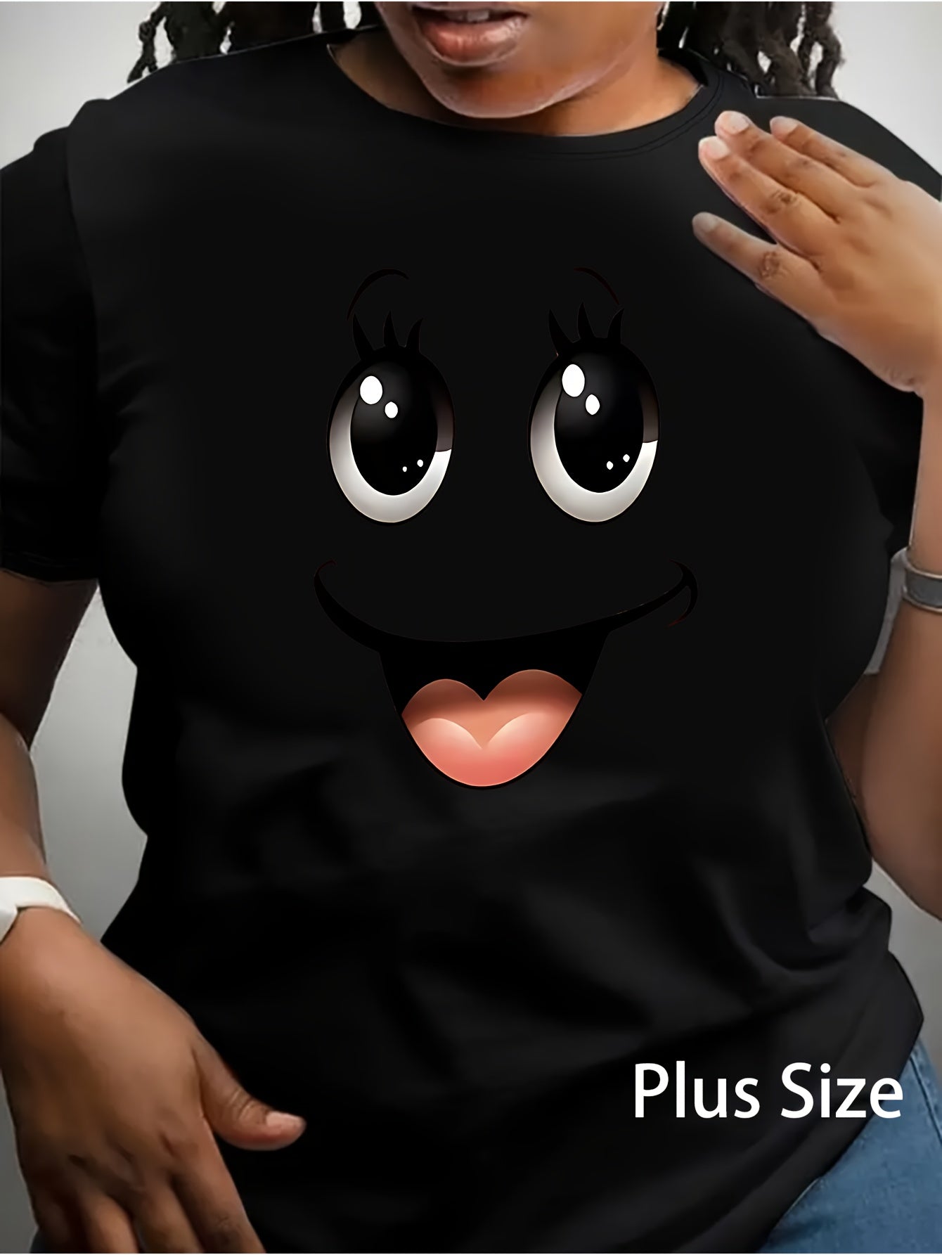 Plus Size Women'S T-shirts Big Eyes joyful Face Print Short Sleeve Crew Neck Casual Top For Spring & Summer Women'S Clothing Black/Pink/Orange T-Shirt Lady Summer Party Daily Wear Tee