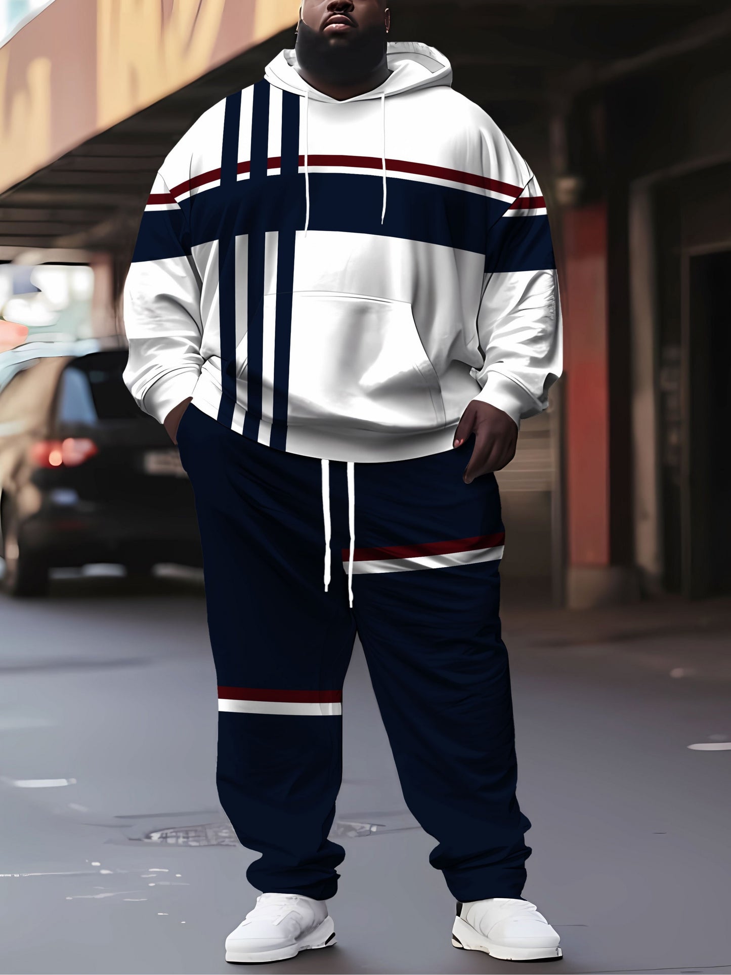 Plus Size Men'S Casual Hoodie and Sweatpants Set | Comfortable Fabric, Breathable, Crew Neck, Regular Fit, Suitable for Spring, Autumn, and Winter, Machine Washable