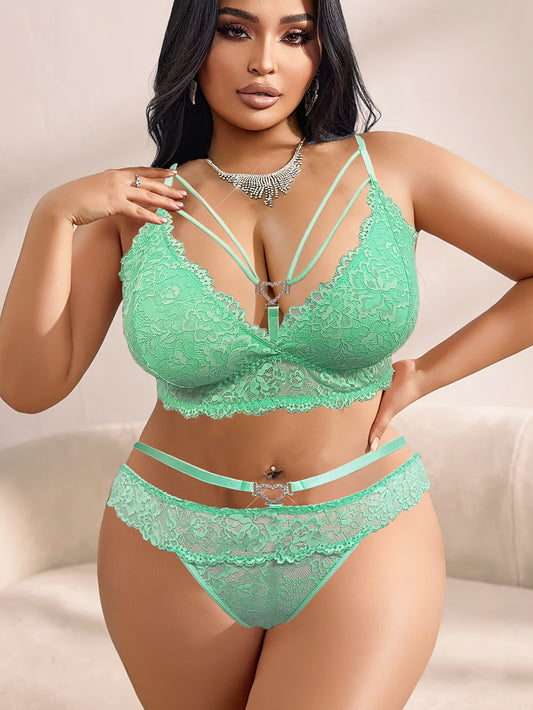 Women'S Plus Size Sexy Lace Contrast Cup with Rhinestone Buckle Bra Set - Mint Green & Black, Medium Stretch, Elegant & Comfortable Lingerie for Adults, Lingerie Sets