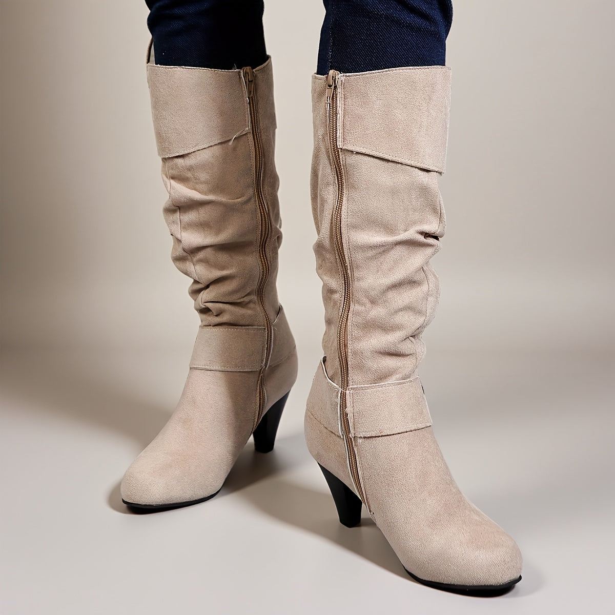 Women'S Beige Faux Cover Ankle Boots with Buckle Straps & Side Zipper - 2.76inch Chunky Heel, Round Toe Comfort for Fall, Versatile for Casual & Formal Outfits, High Heel Boots, Versatile Ankle Boots, Sleek Boot Design, Fabri