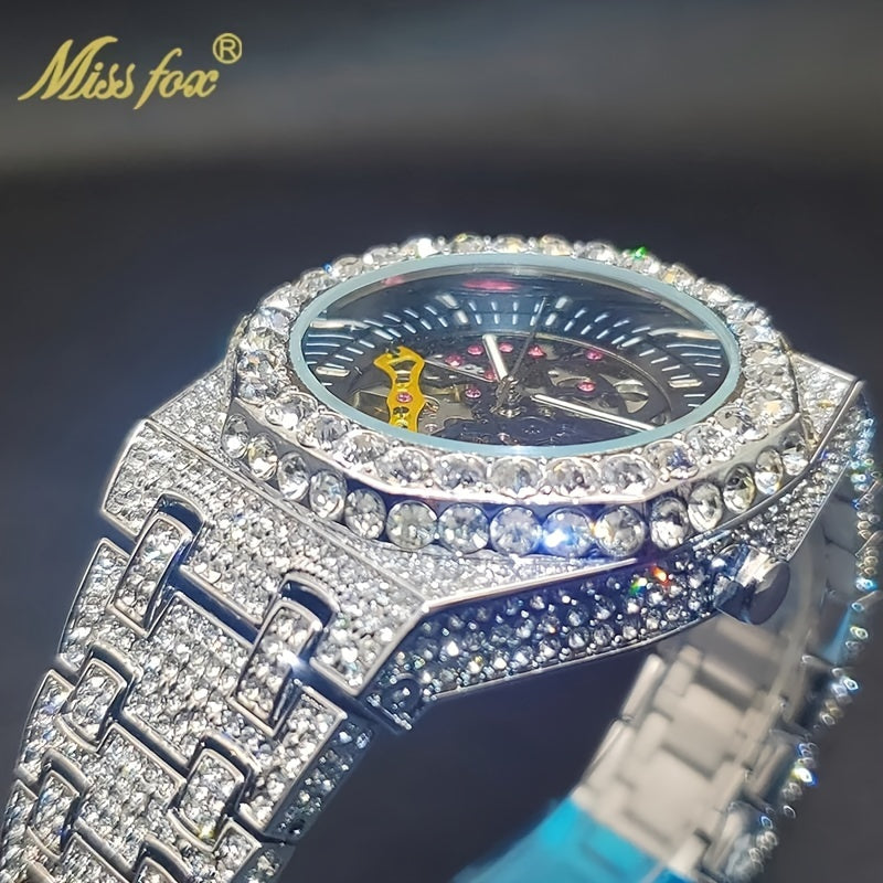 MISS FOX Men'S Luxury Golden Rhinestone Wrist Watch - Hip-Hop Ice Automatic Mechanical Movement, Round Analog Display with Glitter Embellishments, Zinc Alloy Band, Fashionable Large Dial Timepiece for Parties & Formal Events,