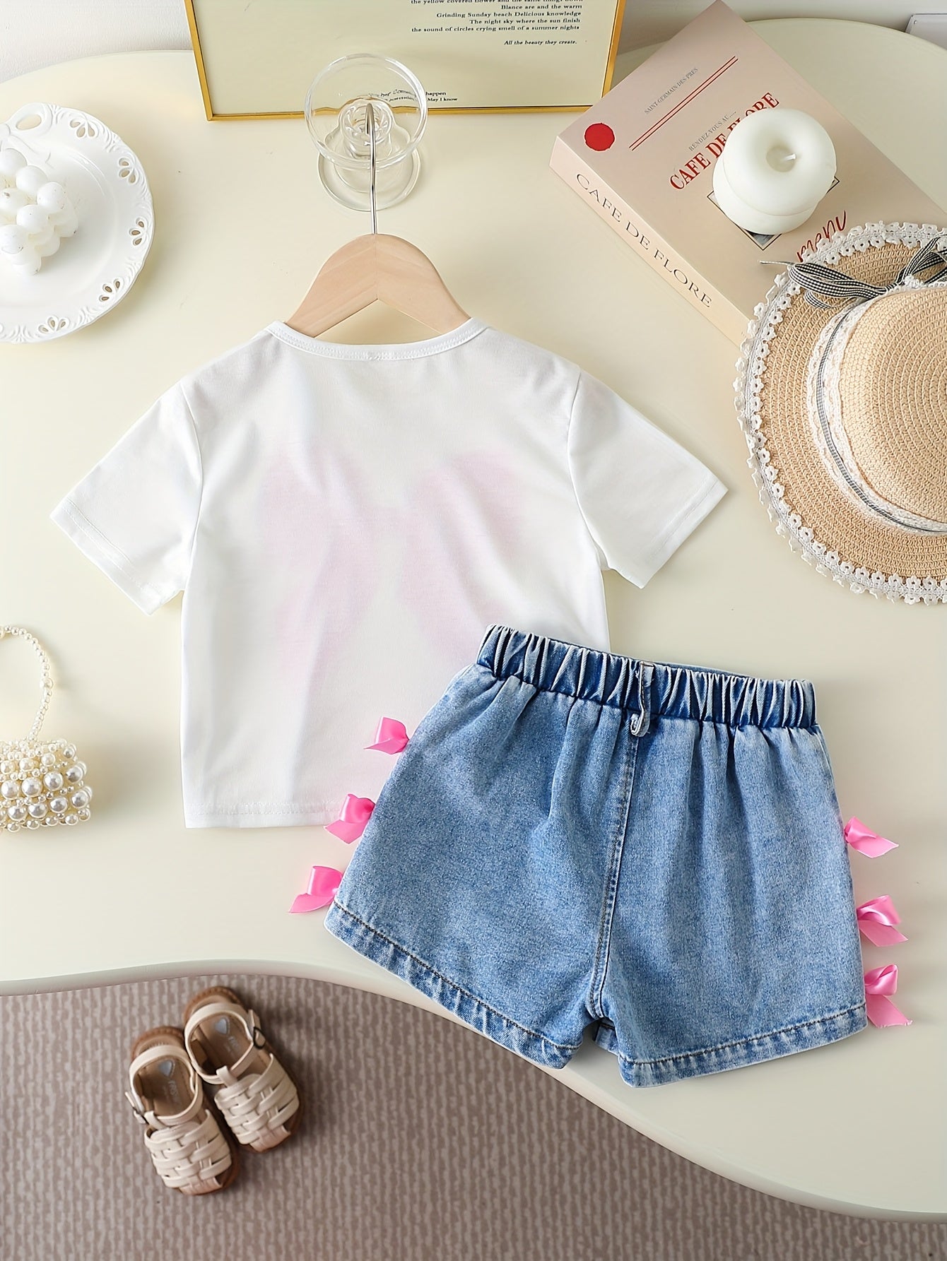 Girls' Summer Round Neck Short Sleeve Simple Versatile Cute Bow Print Top with Denim Shorts Set for Home Leisure Outing Daily Shopping Wear, for Outdoor