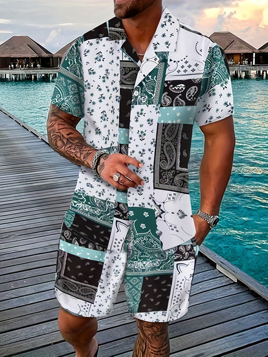 Men's Two-piece Set, Casual Camping Collar Short Sleeved Shirt Hawaiian Shirt And Waist Cinching Shorts Set, Summer Men's Clothing