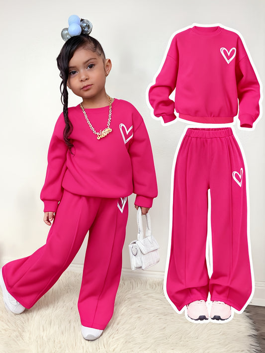 Girl'S Autumn and Winter Love Print Fleece Hoodie + Print Pants Two-Piece Set | Suitable for Outdoor Wear, Comfortable Fabric with Fleece Insulation, Casual Style, Regular Fit, Ideal Gift for Children.