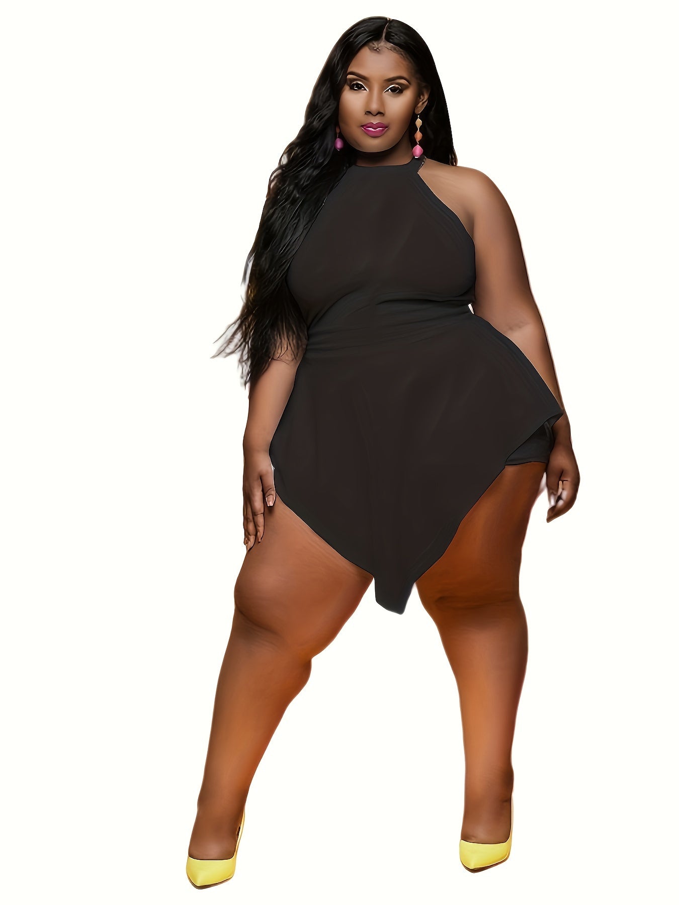 Plus Size Elegant Black Bodycon Jumpsuit - Stretchy Fabric with Zipper Back, Machine Washable, All-Season Versatile Wear for Women, Seamlessbodysuit, Formal Attire, Nontransparent Fabric