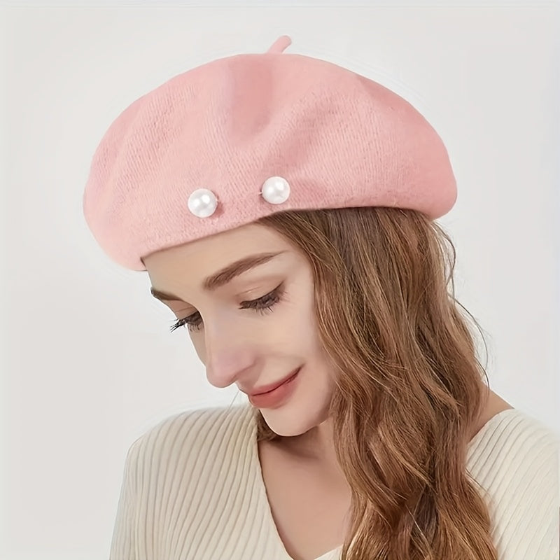 1pc Women's Polyester Beret with Artificial Pearl Accents - Elastic Fit, Lightweight Knitted Painter Hat for Valentine's Day, Versatile Daily Wear Accessory, Commuting Accessory | Artificial Pearl Detail | Polyester Fiber Hat