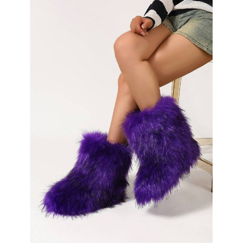 's Faux Fur Fur-Real Faux Fur-Like Winter Boots - Plush Warm Microfiber Furry Round Toe & Faux Fur Collar-like Ankle, Short Mid-Calf Cushioned Comfortable Indoor/Outdoor Purple (No-) Short Boots - Cozy Winter Shoes for Dresse
