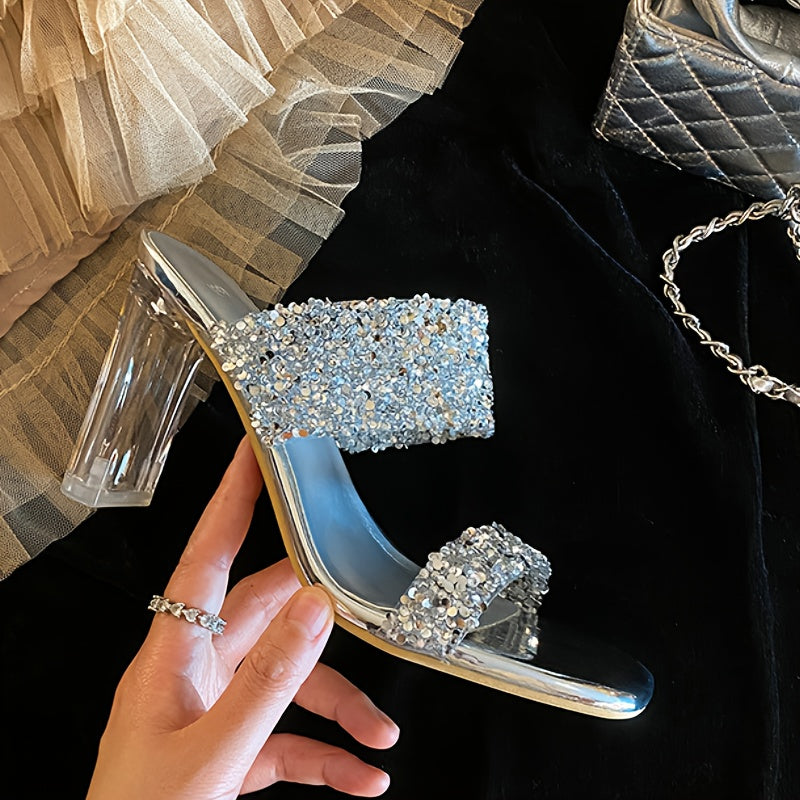 [Glittery Heels] Glittery Rhinestone Block Heel Shoes for Women | 7cm High Heel, Durable Rubber Sole, Comfortable & Stylish for Summer, Sequin Embellished Dress Shoes