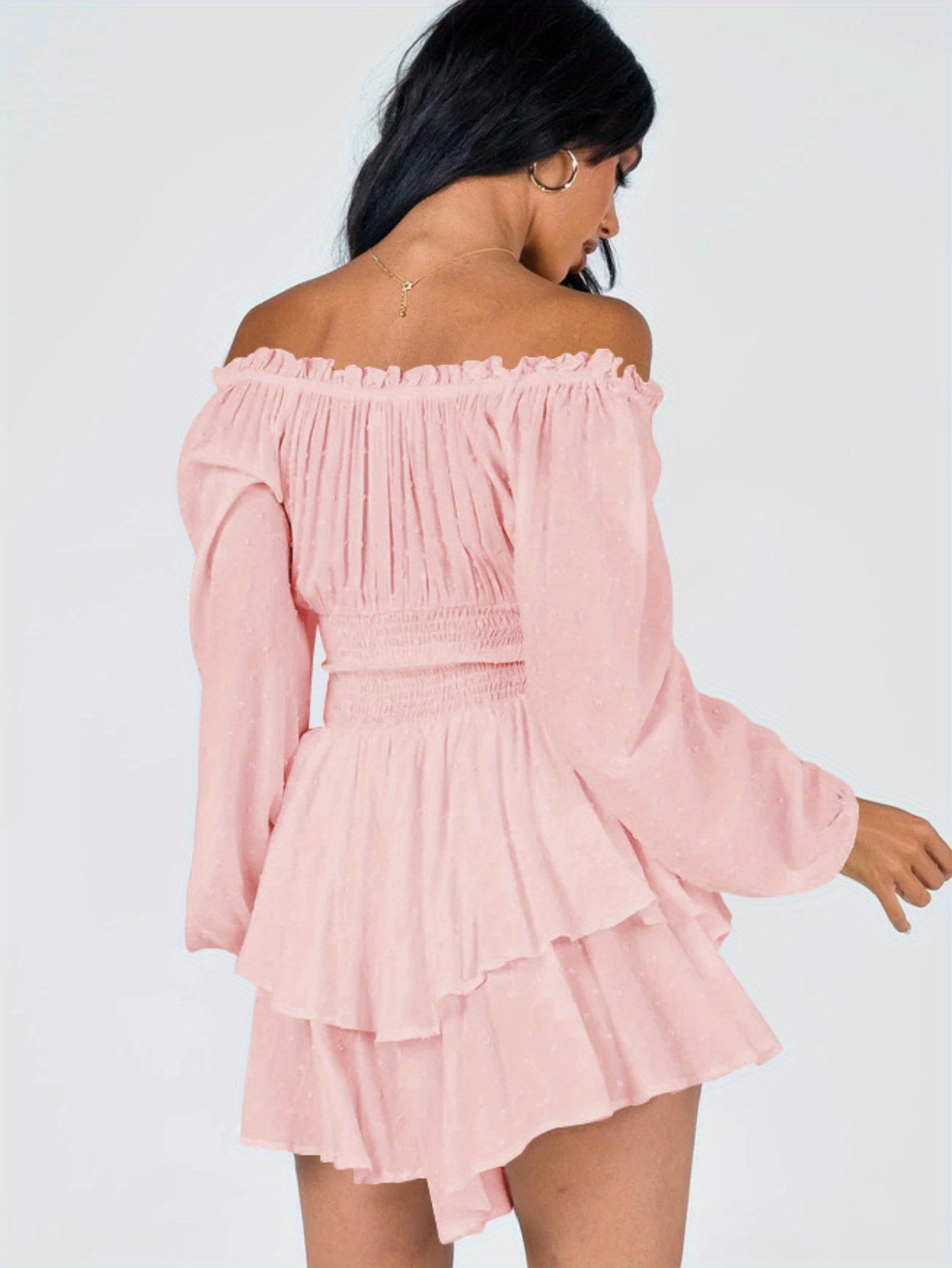 Vintage Y2K Women's Romper - Off-Shoulder, Ruffle, Long Sleeve, Light Pink Polyester, Pleated Waist, Spring/Summer Retro Style