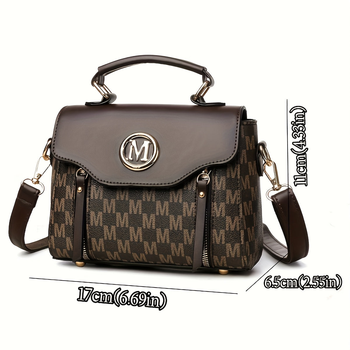 Vintage Geometric Women's Handbag - Large Capacity PU Shoulder Bag with Golden-Tone Hardware, Herringbone Pattern & Letter "M" Design, Detachable Strap, Perfect for Everyday Use (Light Brown/White/Black)
