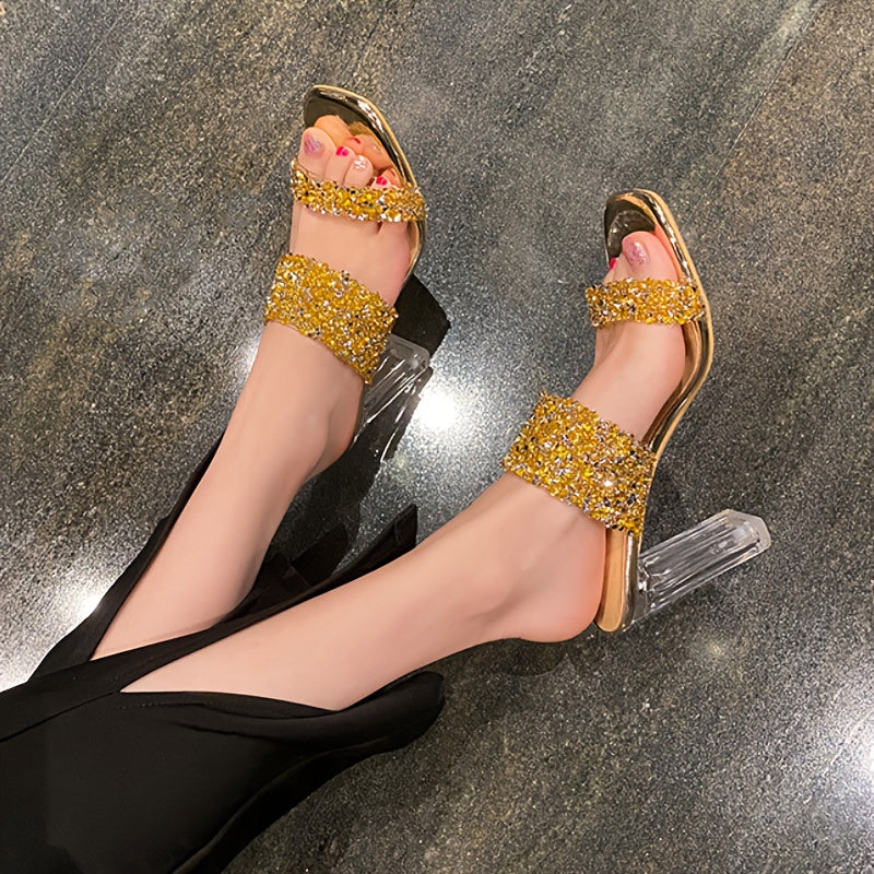 [Glittery Heels] Glittery Rhinestone Block Heel Shoes for Women | 7cm High Heel, Durable Rubber Sole, Comfortable & Stylish for Summer, Sequin Embellished Dress Shoes