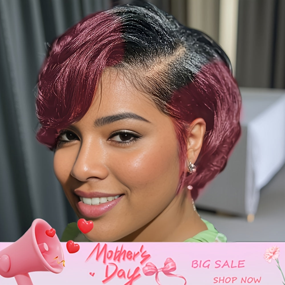 Mother's Day Gift Women's Short Straight Pixie Cut Human Hair Wig - 150% Density 13x4 Lace Front, Natural Black to Burgundy Gradient, Sleek & Elegant Style for Daily & Party Wear, All Ethnicities, Special Occasion Wig | Styli