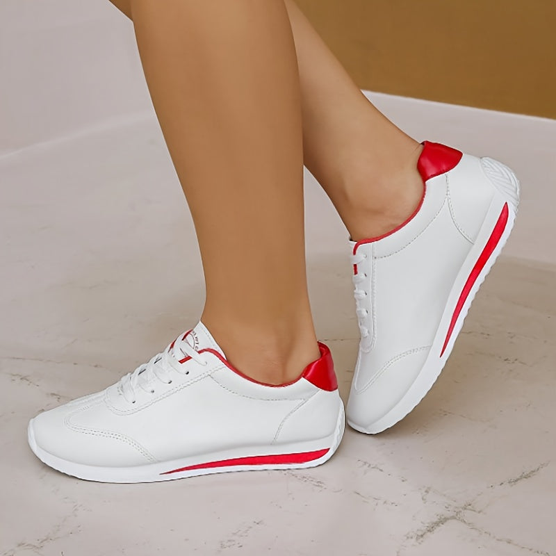 Women's Sneakers, Lace-Up Low-Top with Arch & Cushioned EVA Foam, -like Texture, White & Red Glossy Accent, All-Season Casual & Light Sports Shoes, Stylish White with Red Trim, White/Pink/Black Color Options, Korean Fashion-I