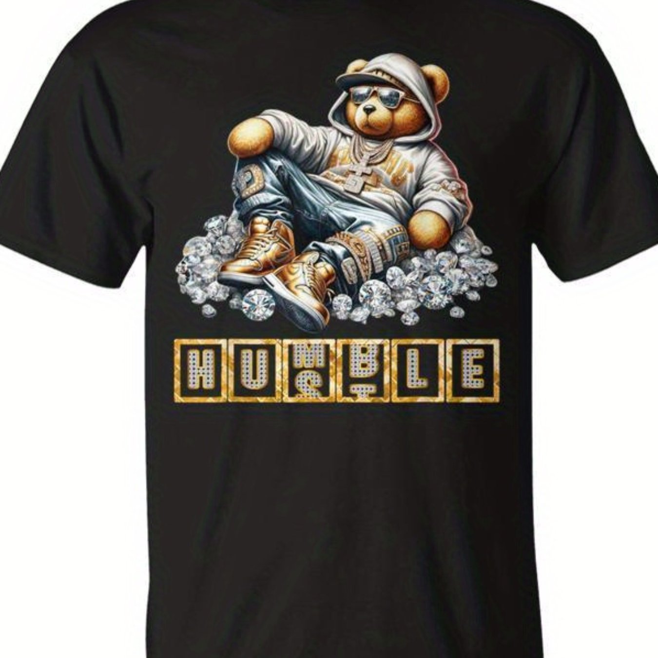 Men's Humble Rapper Teddy Bear Graphic T-Shirt - Soft, Breathable Cotton Crew Neck Tee with "Hustle" Design, Black Casual Summer Wear, Regular Fit, Lightweight & Durable for Everyday Use, Breathable Tshirt | Humorous Tee | Du