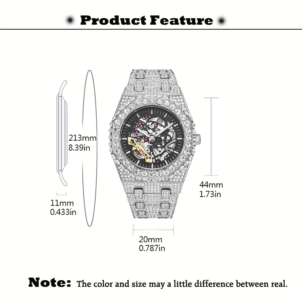 MISS FOX Men'S Luxury Golden Rhinestone Wrist Watch - Hip-Hop Ice Automatic Mechanical Movement, Round Analog Display with Glitter Embellishments, Zinc Alloy Band, Fashionable Large Dial Timepiece for Parties & Formal Events,