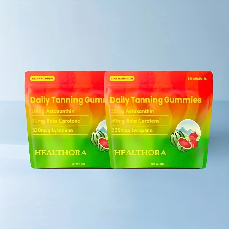 60 Daily Tanning Gummies with Astaxanthin, Tomato Lycopene & Beta-Carotene - 30-Day Supply, Hypoallergenic, 30mg Astaxanthin, 50mg Niacinamide, 125mg Cholecalciferol, 8000mg Beta Carotene, Summer Glow Supplement, Fruit Antiox