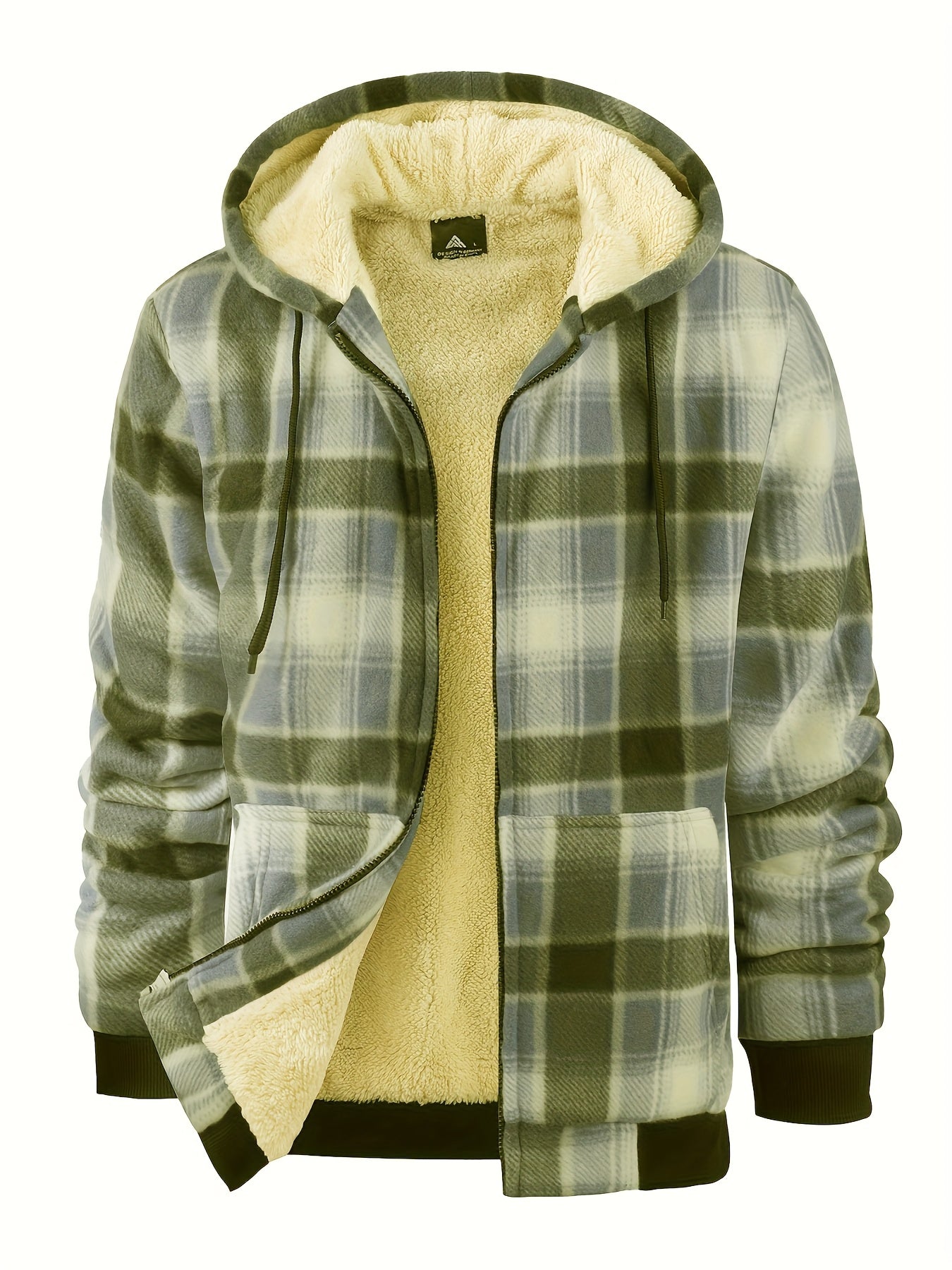 Men's Heavyweight Fleece Hooded Jacket - Full-Zip Sherpa Lining, Thick Winter Coat with Plaid Pattern (Blue/Black/Beige/Brown), Zippered Pockets, Hand Washable, Casual Outerwear for Cold Weather & Everyday Use - Ideal for Ski