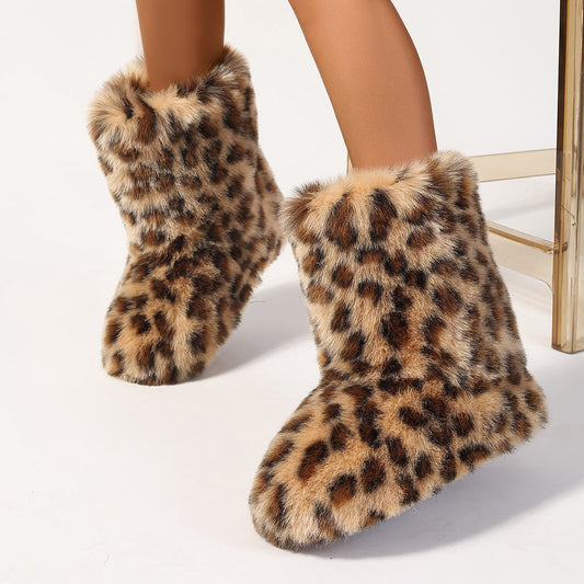 Kpop Winter Boots with Thick Sole & Leopard Print - Faux Fur Warm Round-Toe Slippers | Y2K Stage Outfits, Concert Footwear, Rubber Outsole for K-Drama Fashion (Microfiber Upper/ Cushioning)