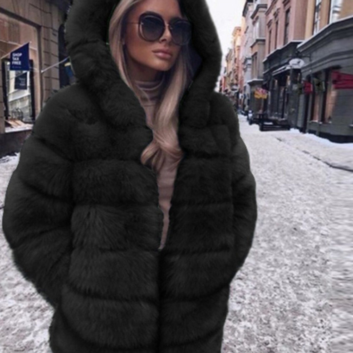 Plus Size, HERTALK Women's Plus Size Pink Faux Fox Fur Coat - Hooded Winter Jacket with Collar, H-Line Silhouette & Full-Length Hem Slit - Luxurious Imitation Fur Outerwear (Pink/) - Machine Washable