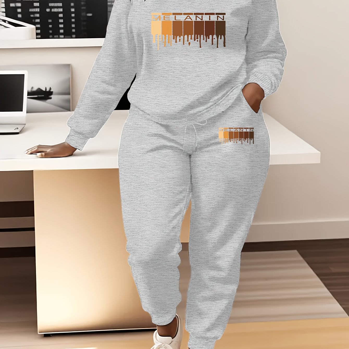 Women'S Plus Size Oversized Hoodie & Jogger Pants Set - Cozy Winter Warmth, Soft Round Neck Sweatsuit with Geometric Print, Full-Zip Hooded Jacket & Matching Pants, Casual Lounge Wear, Plus Size Friendly Comfortable Outfit fo