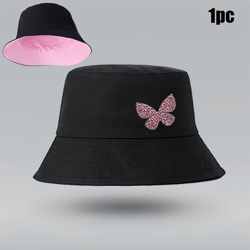 A Stylish And Versatile Bucket Hat Adorned with Rhinestone Butterflies, Lightweight And Washable - Perfect for Outdoor Female Travel, Everyday Wear, And Street Style