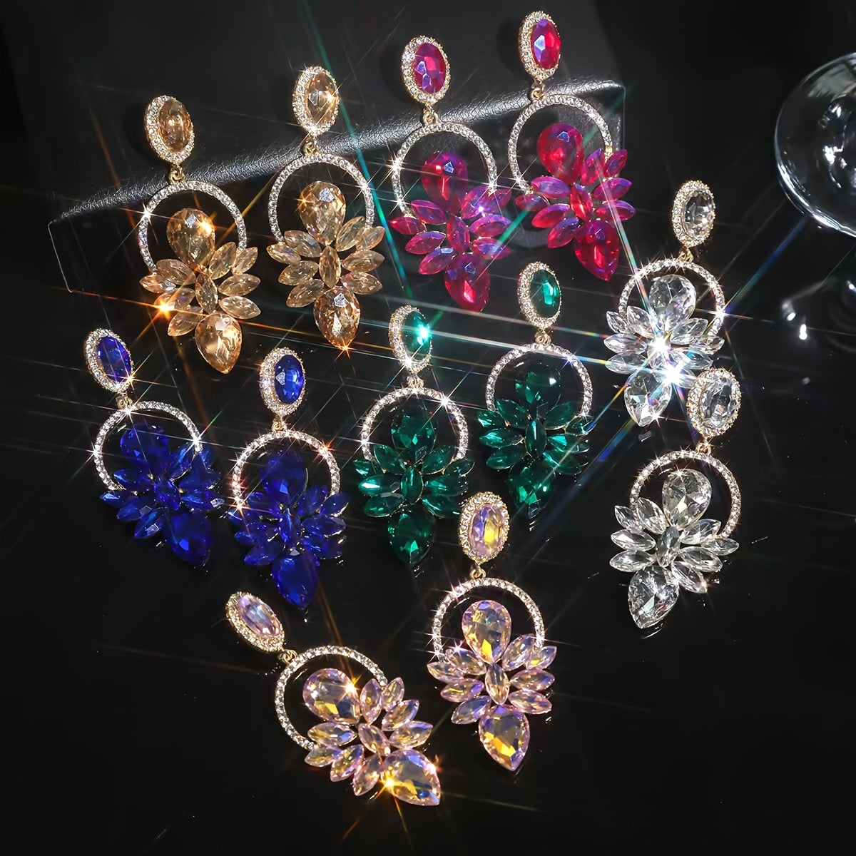 Luxurious And Fashionable Bling-Bling Party Earrings for Women, Featuring Colorful Glass And Rhinestones, with a Bold And Elegant Design