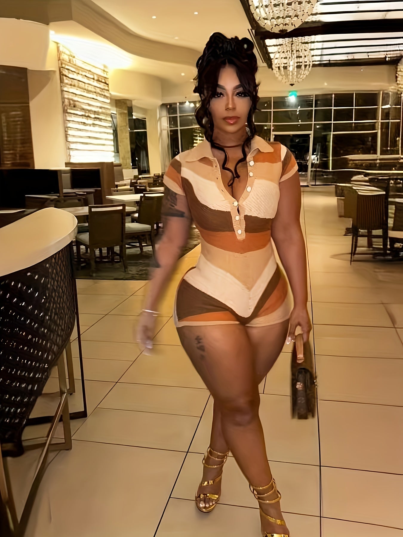 Women's Sexy One-Piece Romper - Beige/Brown/Orange/ - Machine Washable Outfit for Parties, Office, or Casual Attire - Chic Jumpsuit for Women