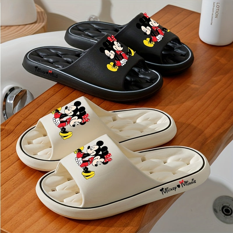 1 Pair Disney Mickey & Minnie Sitting Back-to-Back Cartoon Slip-On Slippers - Soft EVA Breathable Open-Toe Unisex Indoor/Outdoor House Shoes with Anti-Slip Sole, Cute Character Design for Women & Men (Beige/Black), All-Season