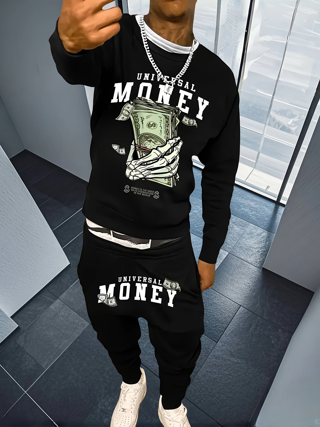 2pcs Set Men'S Hip-Hop Money Motif Tracksuit Set - Oversized Black Sweatshirt with "Universal Money" Skull & Cash Graphic + Matching Joggers, Lightweight Polyester Streetwear Outfit for Gym, Halloween, Christmas & Casual Wear