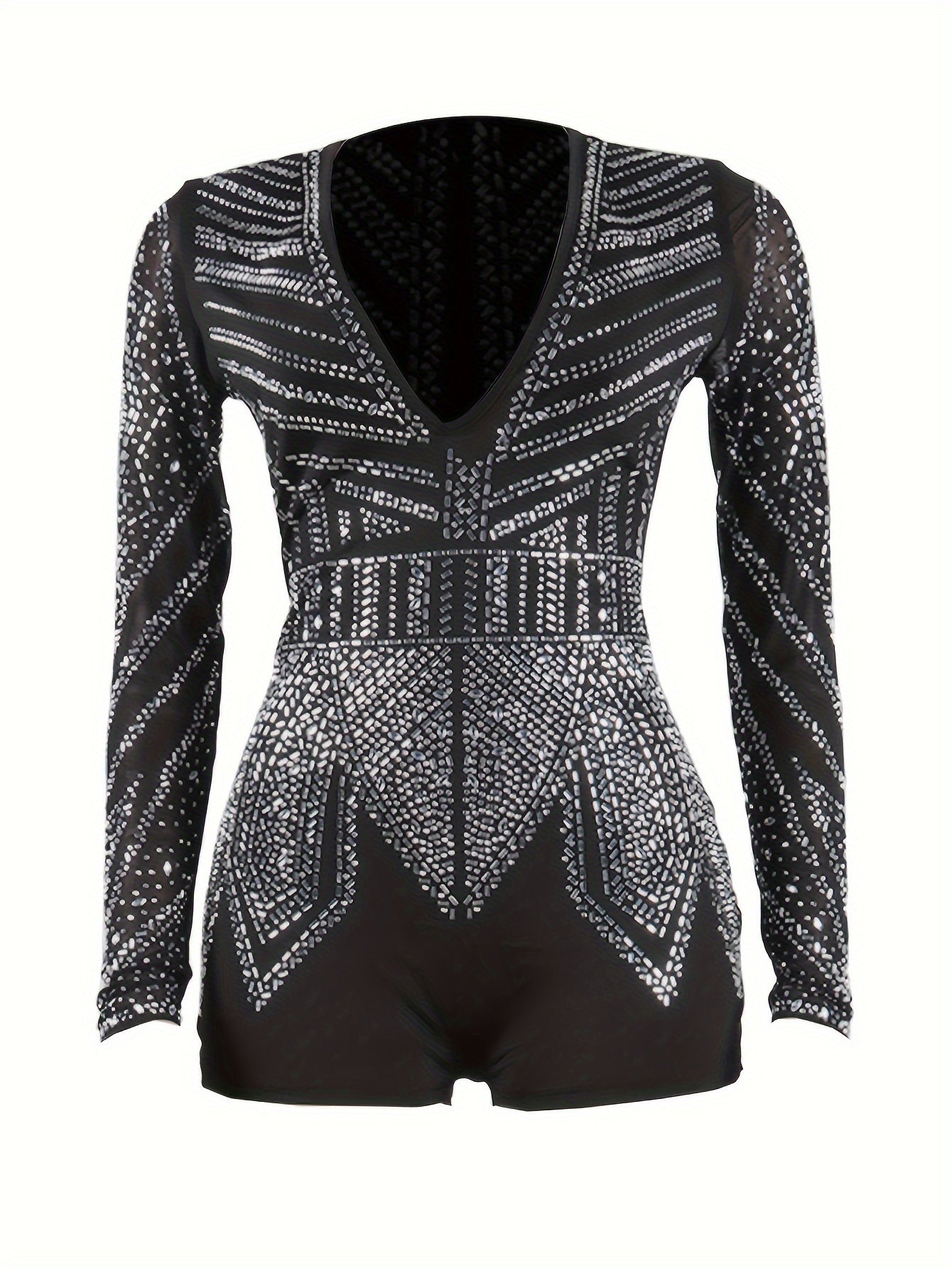 [Large Size Sexy Rhinestone Jumpsuit] PORRCEY Women Sexy Rhinestone Deep V Neck Tight Jumpsuit Party Club Night Hot Drilling Large Size Romper