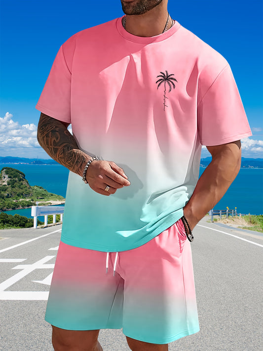 Men'S Fashionable Sports Suit, Casual Round Neck T-shirt And Shorts, 100% Polyester Fiber, Full Coverage Printing, Micro Elasticity, Regular Style, Summer Hoodie|mens 2pcs Outfits