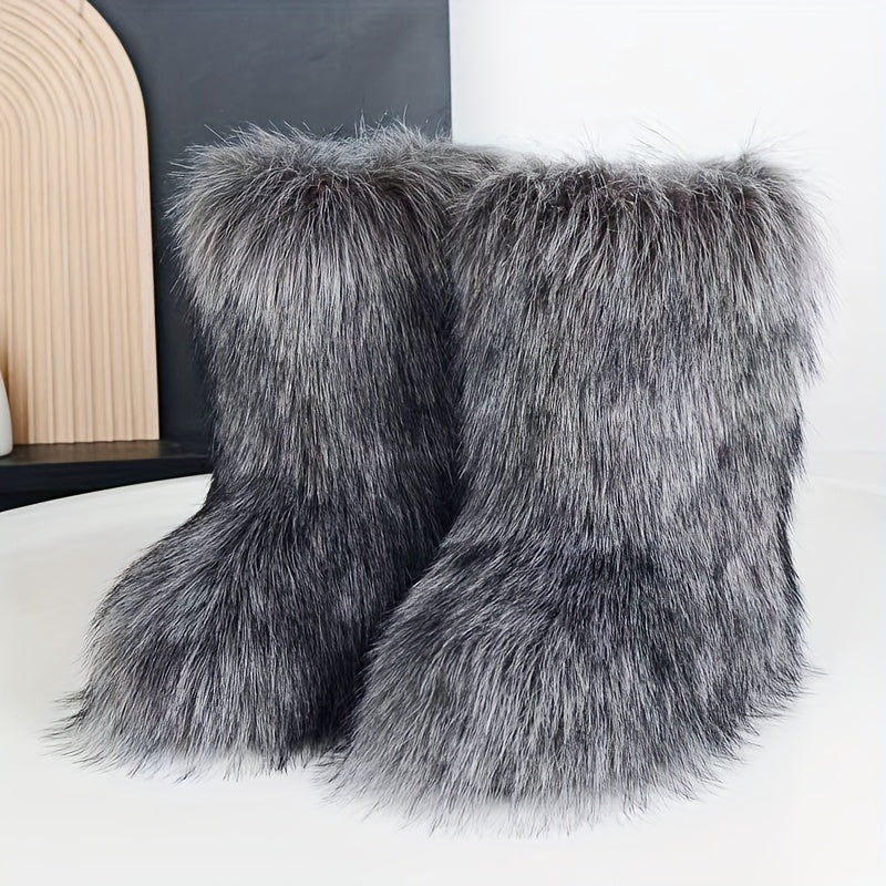 [Faux Fur Boots] Black Faux Fur Women's Mid-Calf Boots | Round Toe, Flat Heel, Casual Platform Boots for All Seasons, Stylish Winter Footwear