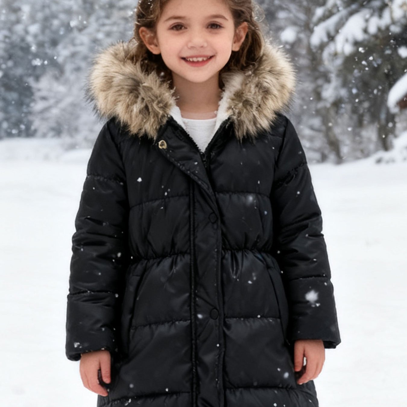 Girls' Multicolor Thickened Hooded Jacket | Mid-Length, Autumn & Winter Warm Windproof Outerwear, Suitable for Outdoor Camping and Daily Casual Style, with Pockets and Lining.