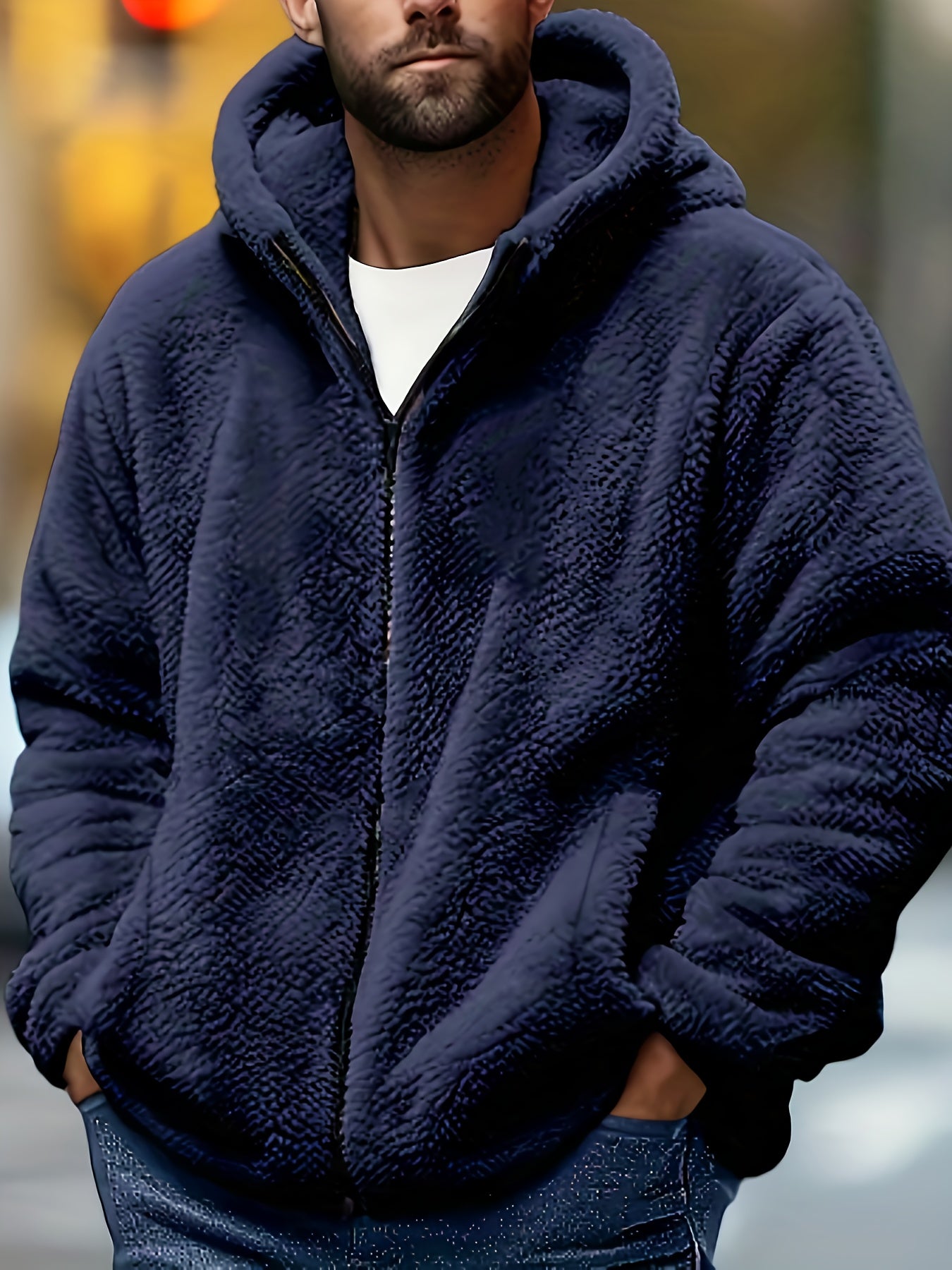 Men's Plush Jacket with Hood - Coral Fleece-Like Outer, Full-Zip Winter Warm Coat, Machine Washable, Pockets & Adjustable Hood, Casual Outerwear for Fall/Winter (No Bulk) - Ideal for Cold Weather (OBM