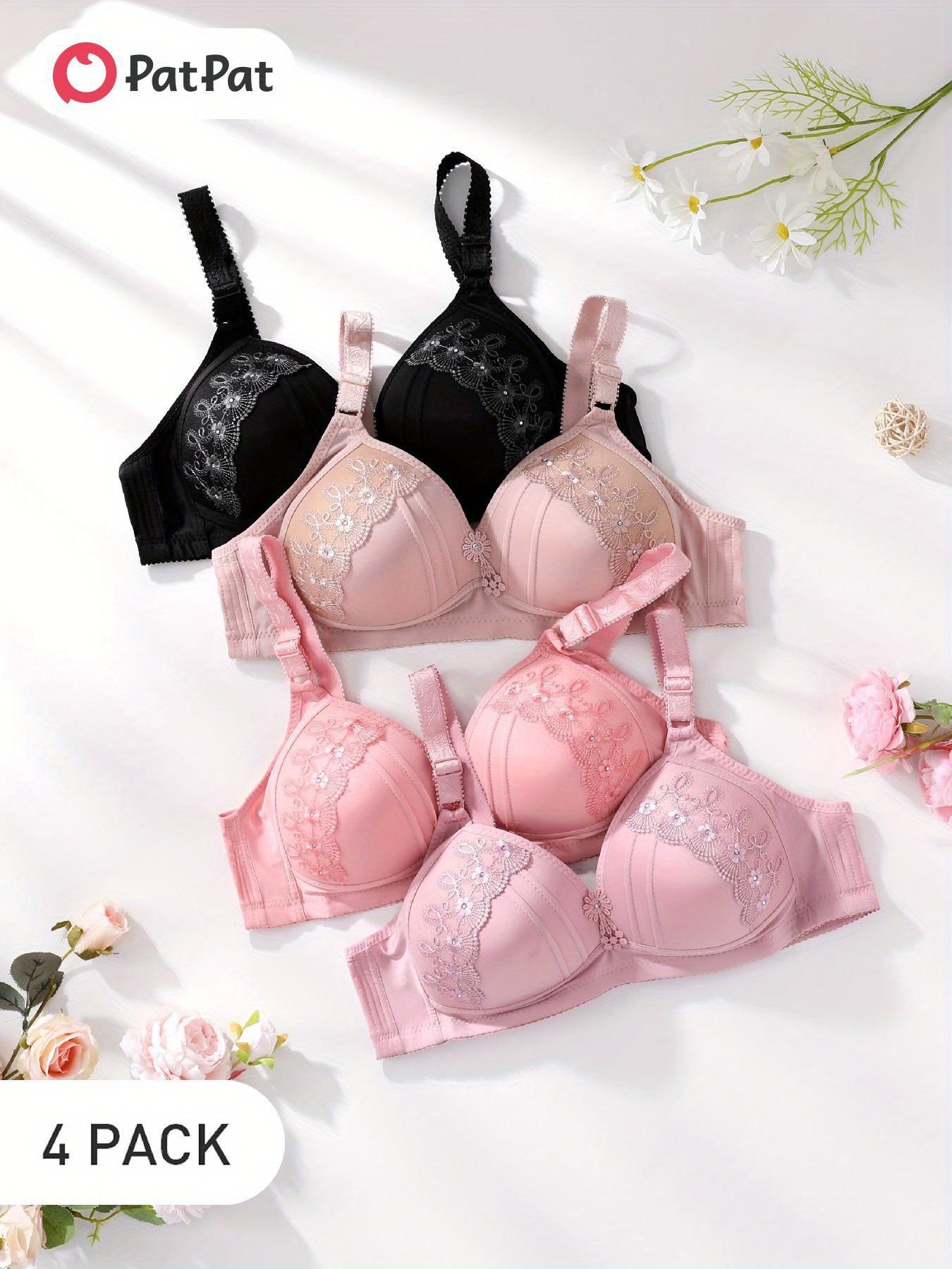 Patpat Women's 4-Pack Lace Wireless Bra - Sexy & Comfortable Soft Seamless Underwear for Casual Attire, Breathable & Affordable, Sizes S-XXL