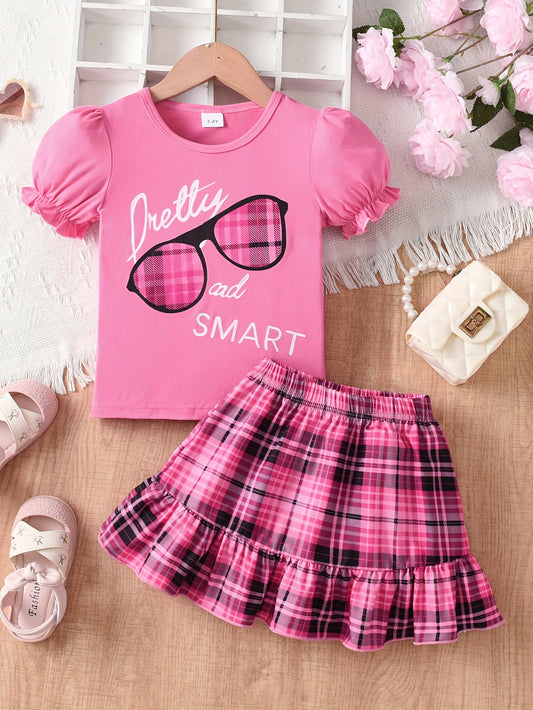[2pcs Girls' T-Shirt Set] 2pcs Beautiful Smart Girls' Patterned Short Sleeve T-Shirt + Plaid Half Skirt Set