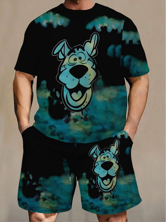 This Cartoon Dog Patterned Colored T-Shirt Set Features a Color-Printed Design. It Combines a Round Neck, Short Sleeves And Shorts. The Fabric Is Comfortable And Breathable. It'S a Two-Piece Set for Men to Wear Casually in Su