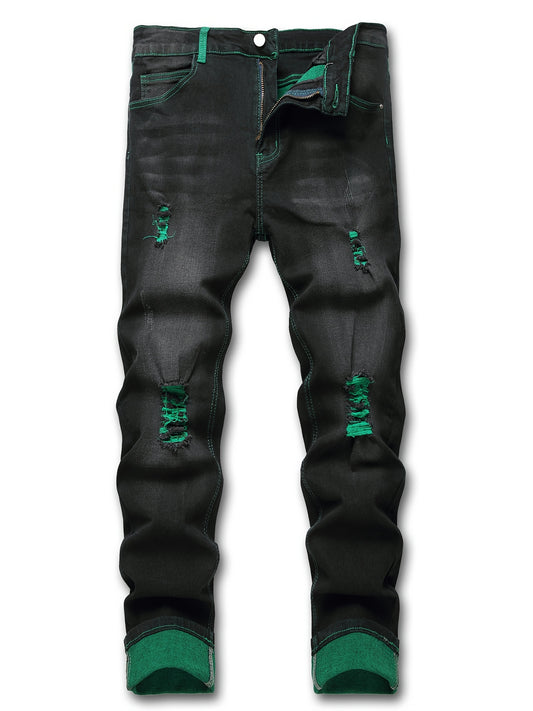 Men'S Casual Black Stretch Jeans with Unique Green Design - Ripped Knee Patches, Zipper Fly, Mid Waist, Straight Leg, All-Season Fashion, Casual Attire|Distressed Jeans|Stretchy Fabric