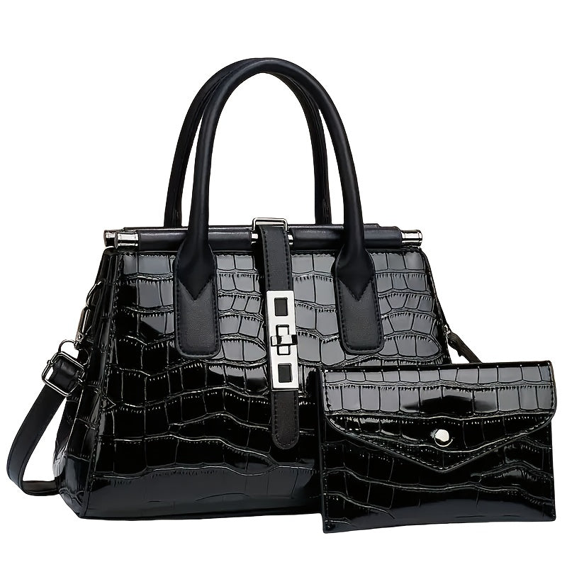 Simple classic mature temperament crocodile texture business leisure commuter Tote bag, large capacity handbag, fashion two Women's bag set, single shoulder crossbody bag