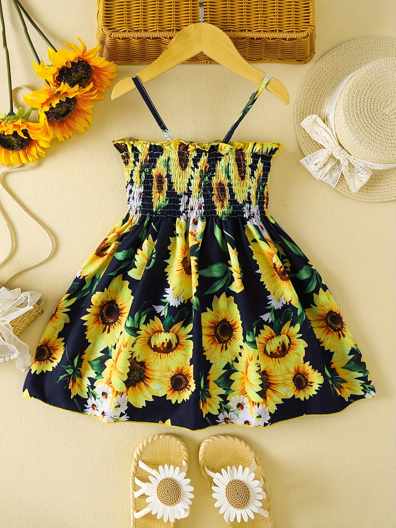 [Sunflower | Girls] Gradient Color Sunflower Princess Dress | Toddler Girls Shirred Cami Frill Trim | For Party Beach Vacation Kids Summer Clothes 4th Of July Outfit