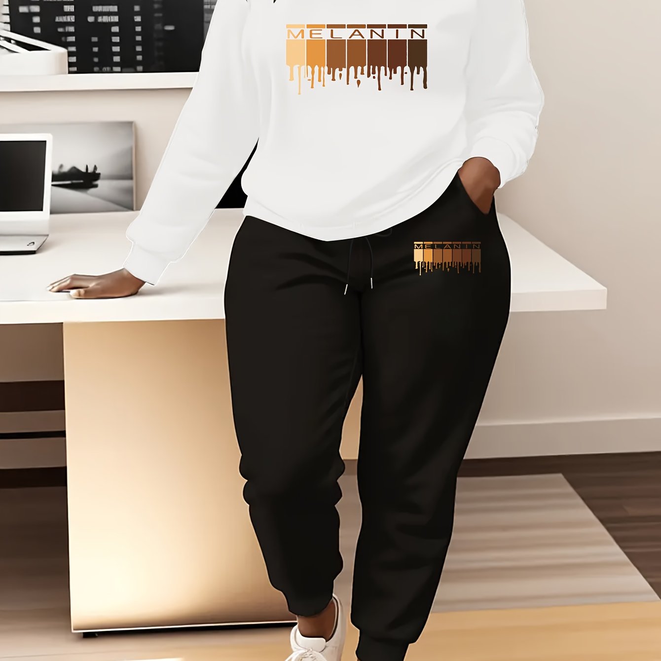 Women'S Plus Size Oversized Hoodie & Jogger Pants Set - Cozy Winter Warmth, Soft Round Neck Sweatsuit with Geometric Print, Full-Zip Hooded Jacket & Matching Pants, Casual Lounge Wear, Plus Size Friendly Comfortable Outfit fo