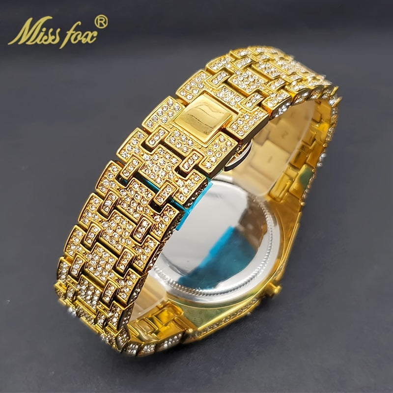 Hip Hop Ice Rhinestone Watch Men'S Fashion Date Quartz Large Dial Night Light Watch Luxury Stainless Steel Party Jewelry Men'S Watch
