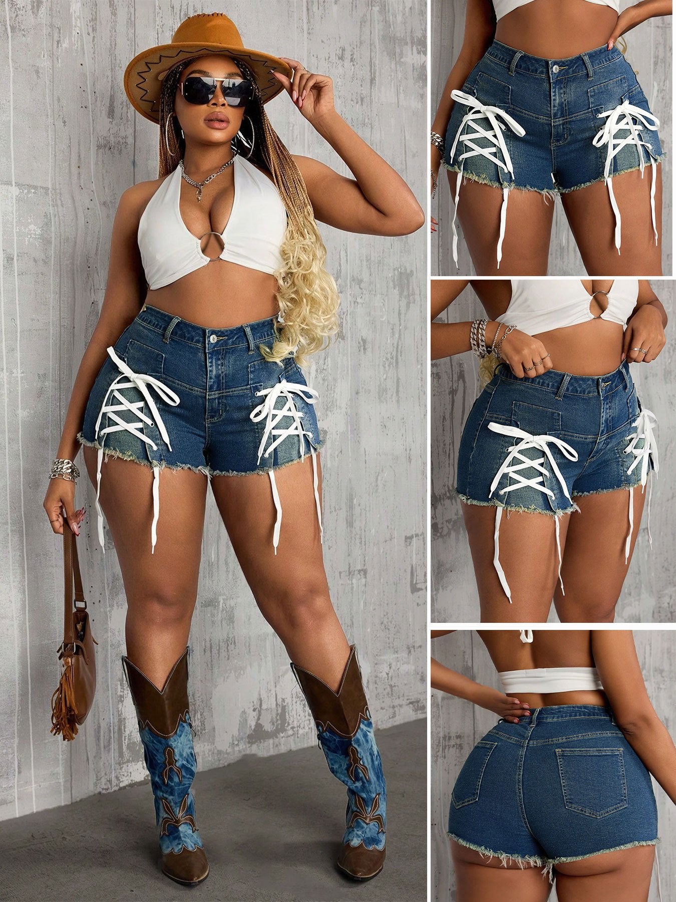 Women's Plus Size Stretch Denim Shorts - Sexy Skinny Super Short Jeans with Crisscross Drawstring Waist, High-Stretch Denim & Mid-Thigh Length for Summer Outfits, Casual Wear, Stylish Summer Apparel, Highstretch Fabric